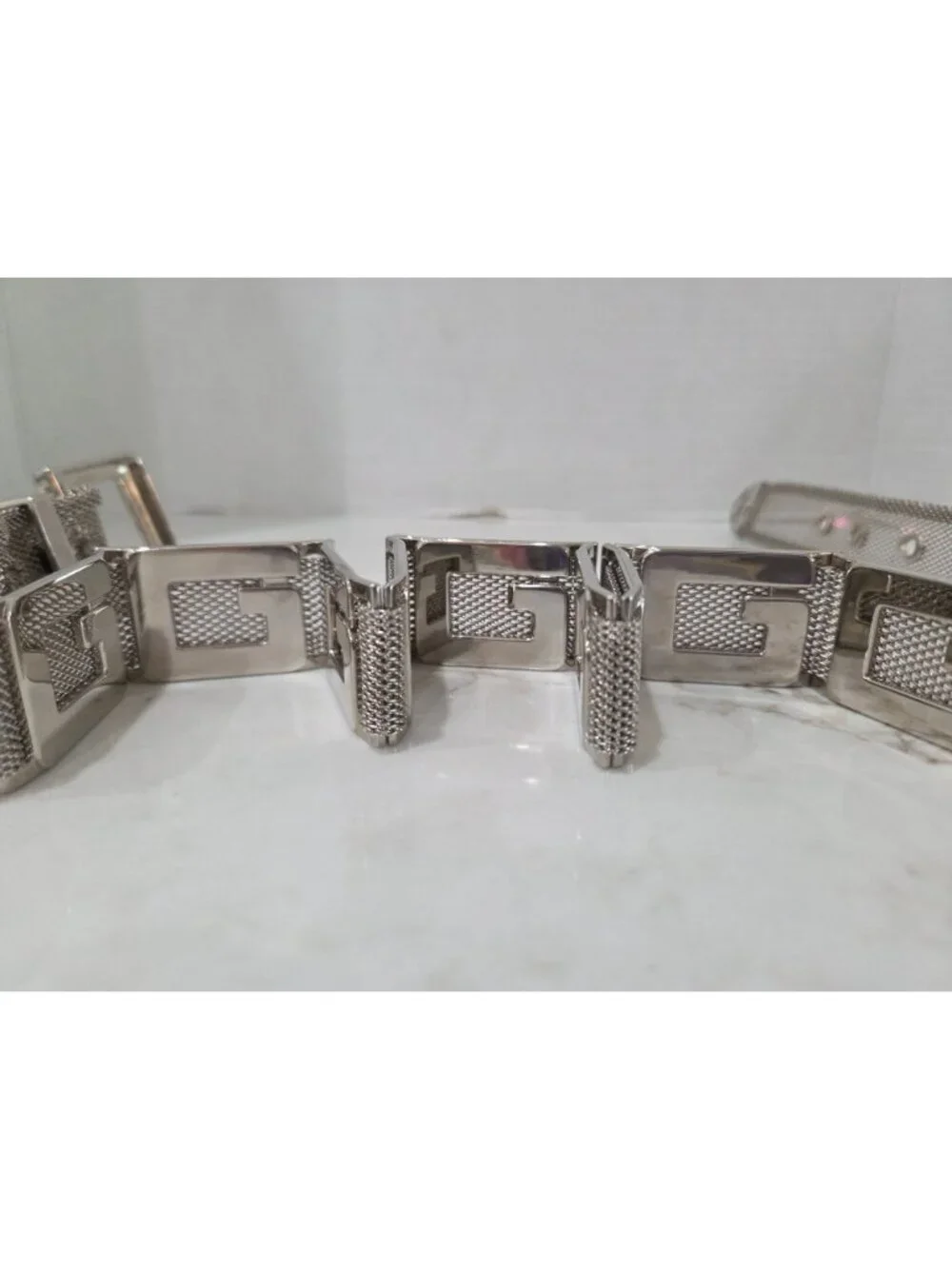 Vintage Silver Metal Mesh Adjustable Belt Sz Small, G Design & Rectangular Links